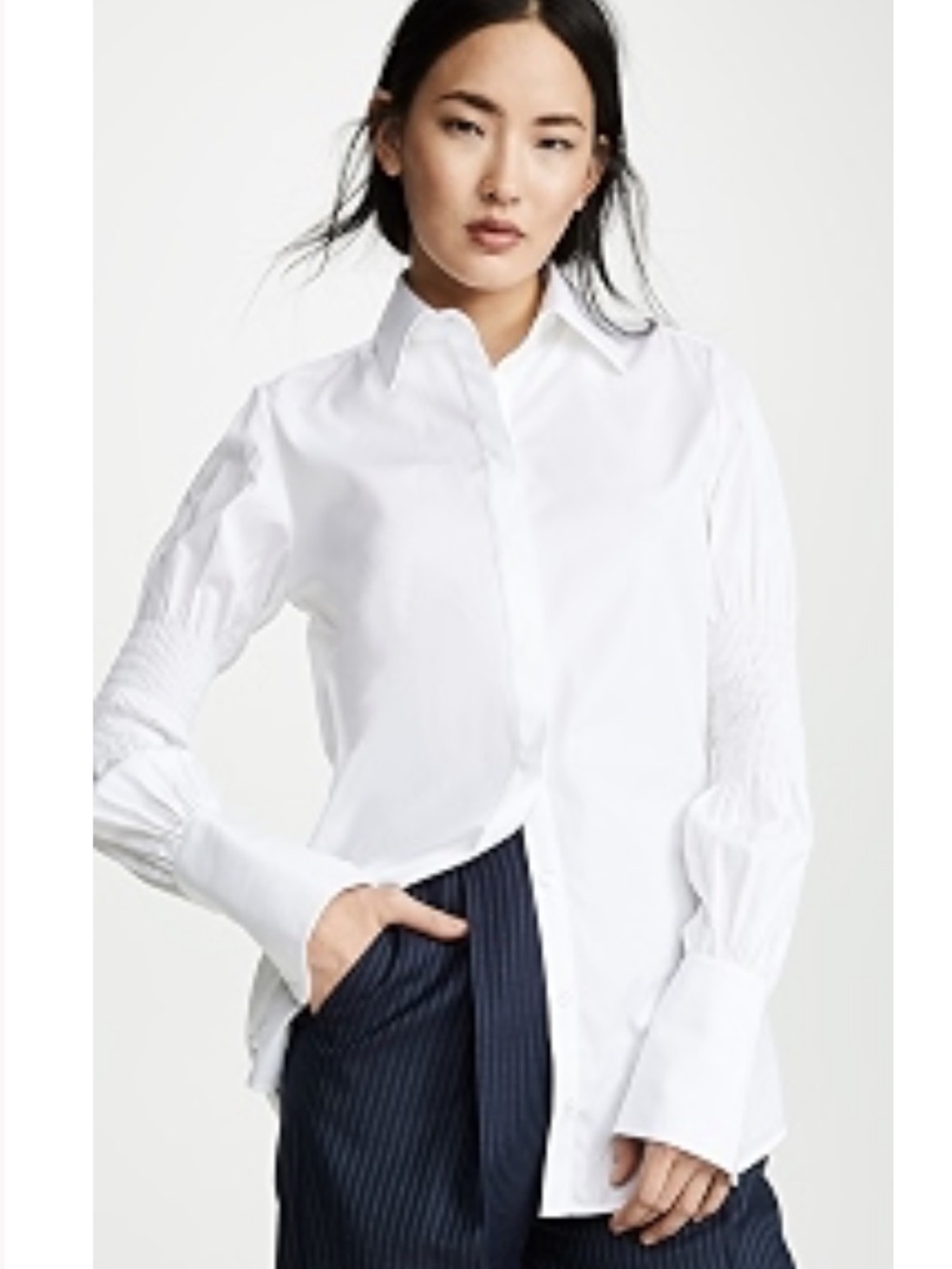 Victoria Beckham White Button-Front Shirt with Smocked Sleeves